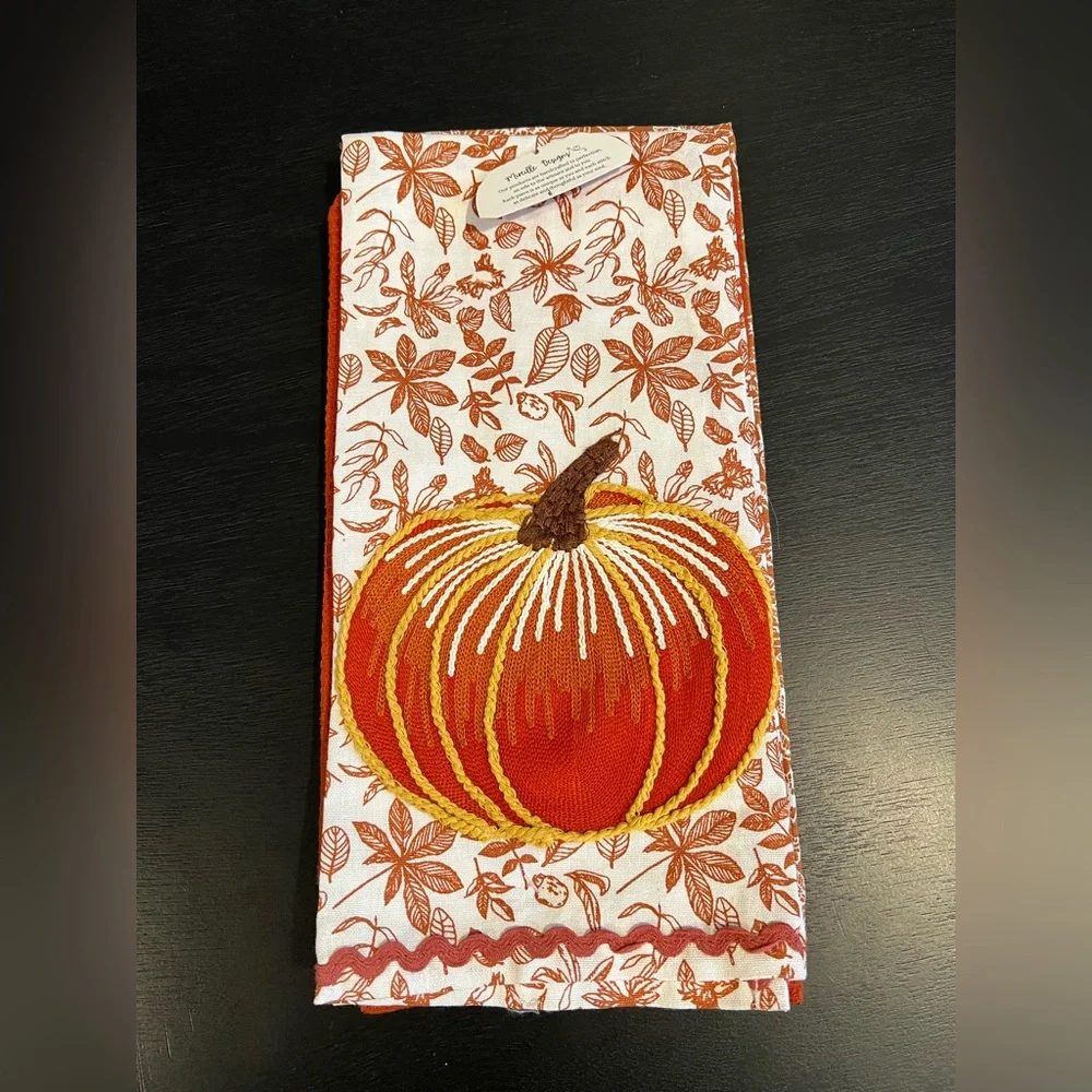 New Mireille Pumpkin Fall Foliage Kitchen Dish Towels Set of 3 Handmade Cotton